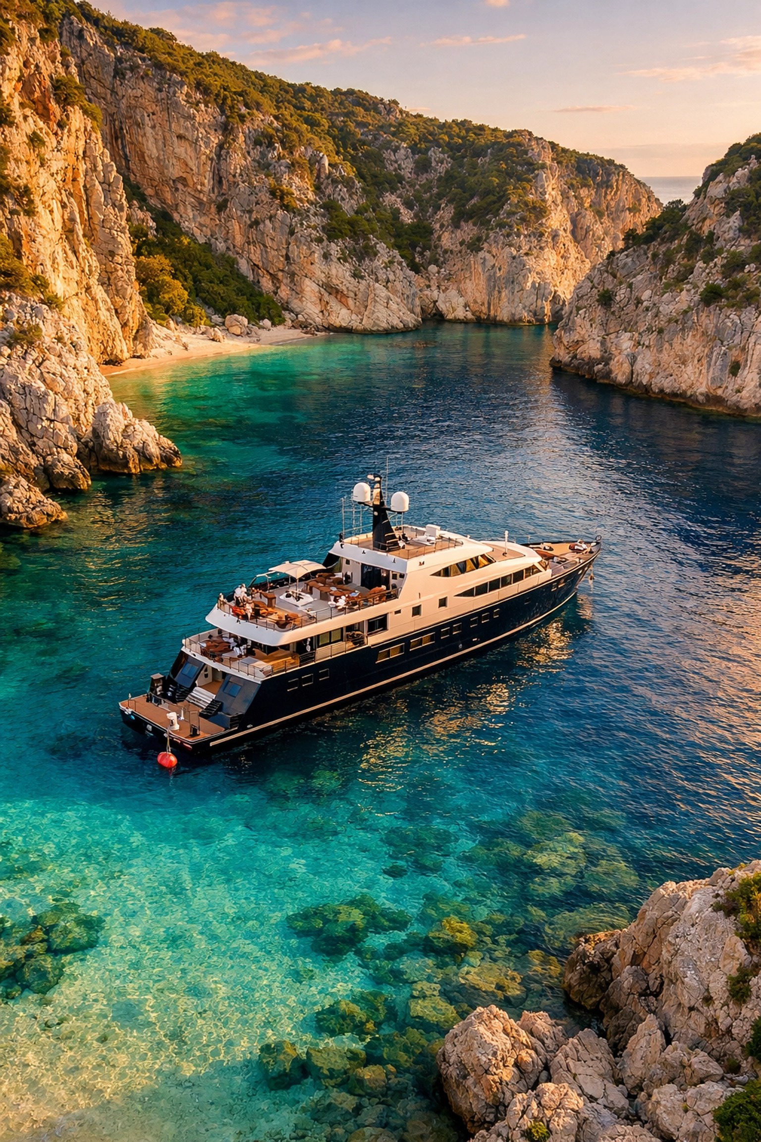 Luxury expedition yacht anchored in secluded Mediterranean cove, representing exclusive Ghost Port destinations