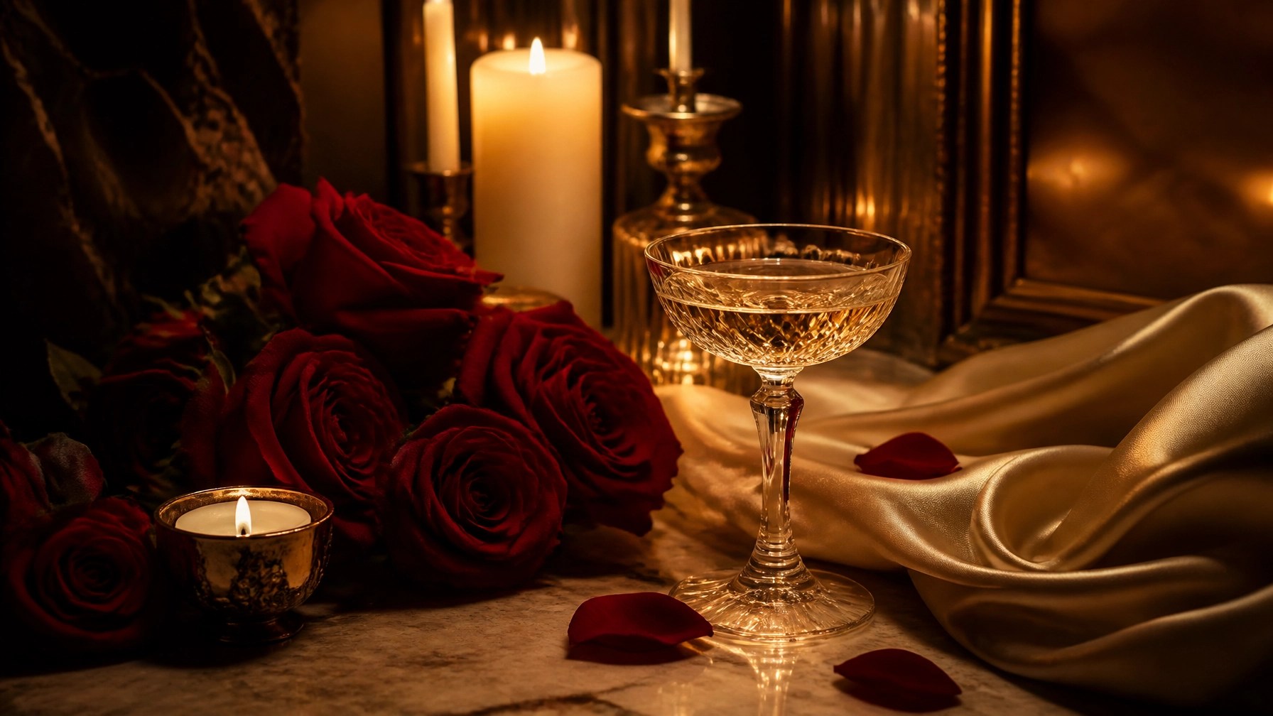 Luxury candlelight and red roses still life with crystal champagne coupe, feminine energy ritual for manifesting love and dating advice for women