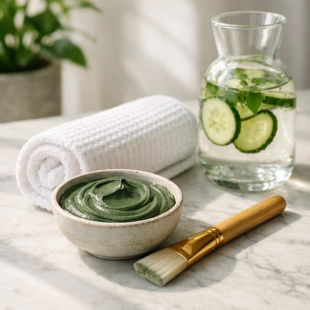 Green clay paste in a ceramic bowl with a bamboo brush for a natural skincare wellness gift idea.