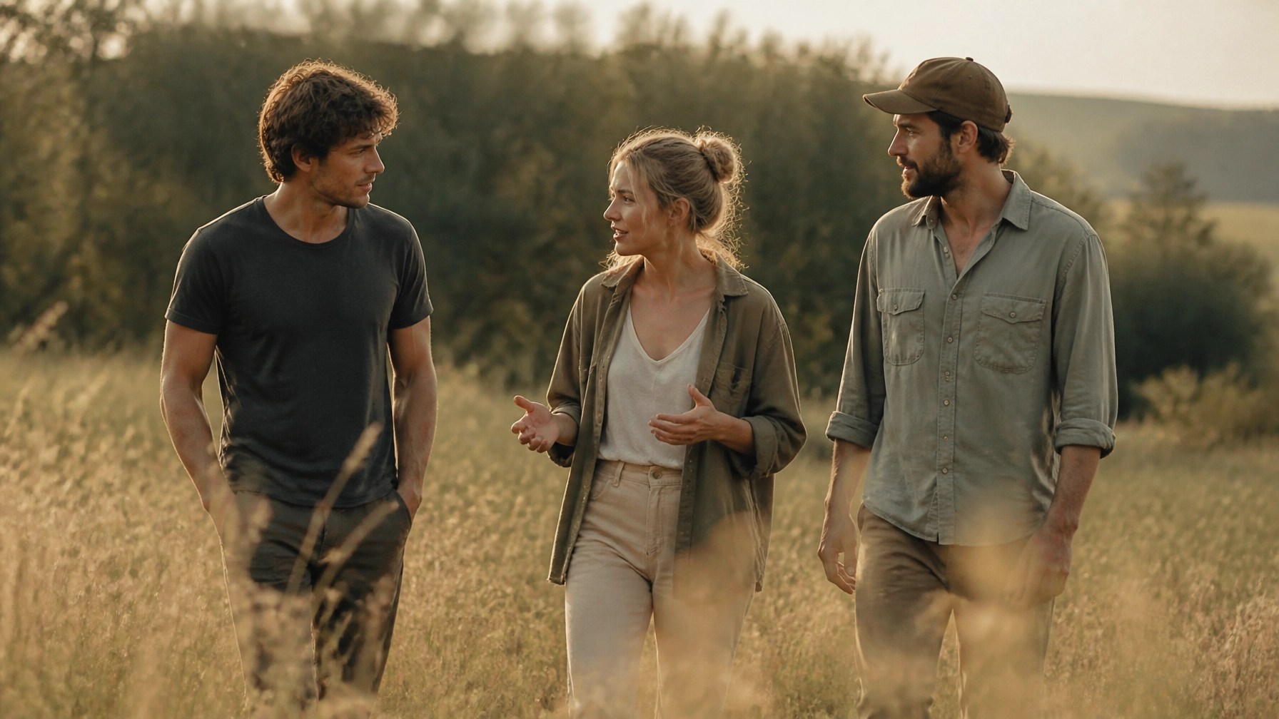 A group of three people walking through a sun-dappled field during the golden hour, engaged in earnest conversation.