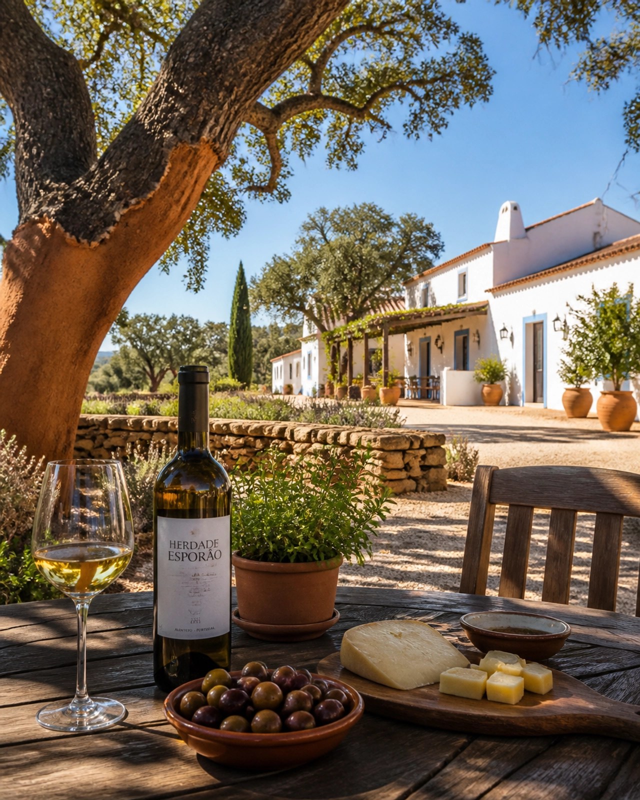Sunlit private wine estate pool in the Douro Valley with terraced vineyard views