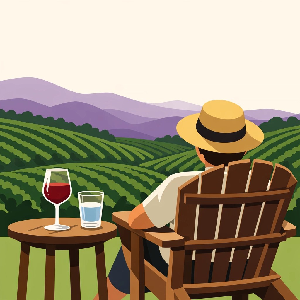 Relaxing at a Virginia vineyard with wine and water, enjoying a curated and steady pace.