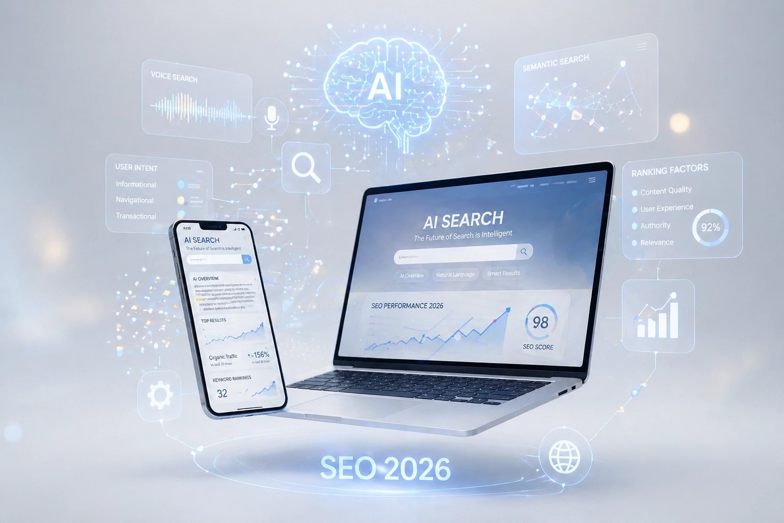 A high-quality, professional 3D-rendered digital illustration representing the concept of AI search and modern SEO in 2026. The scene features a sleek, minimalist smartphone and a laptop floating in a clean, brightly lit white and soft grey space. Above the screens, translucent holographic elements show interconnected nodes, data graphs, and a stylized AI brain icon.