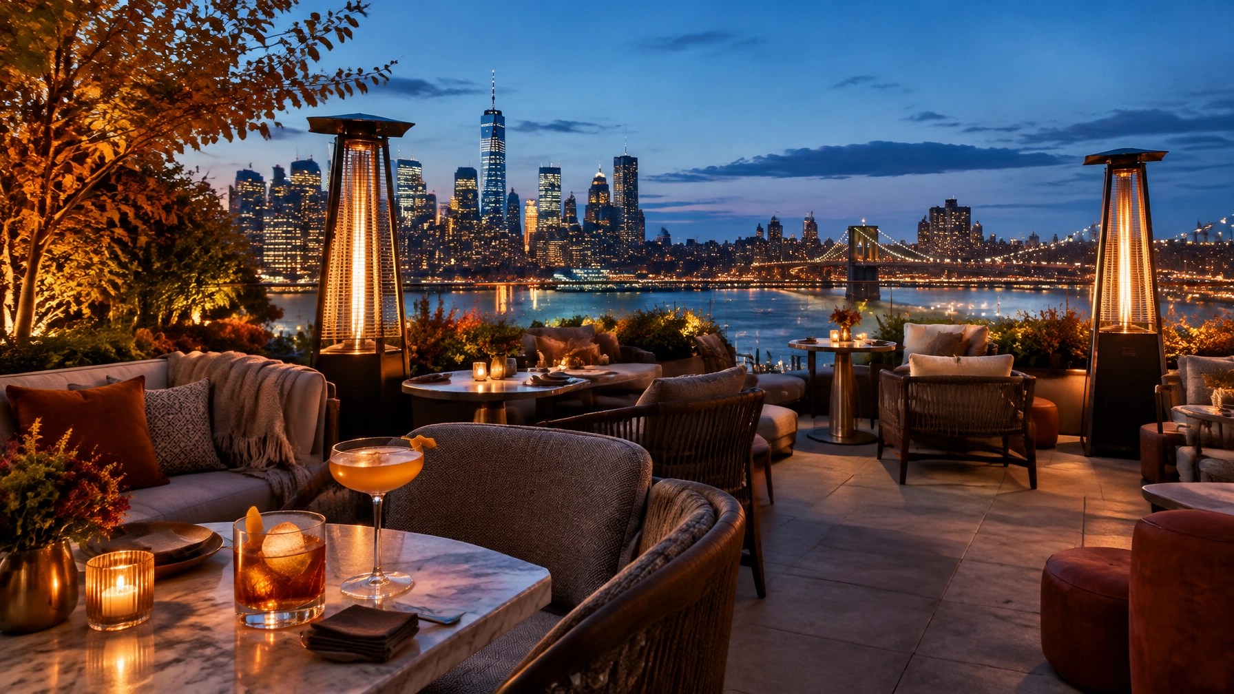 Elegant empty rooftop bar with Manhattan skyline at crisp autumn blue hour
