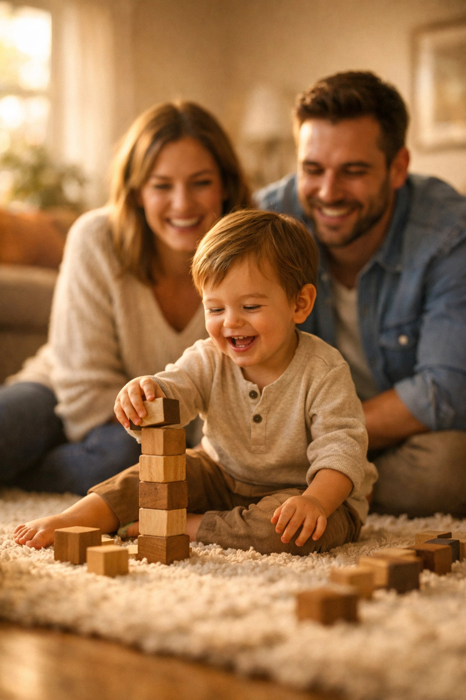 A happy family in a living room representing financial security and peace of mind for the future.
