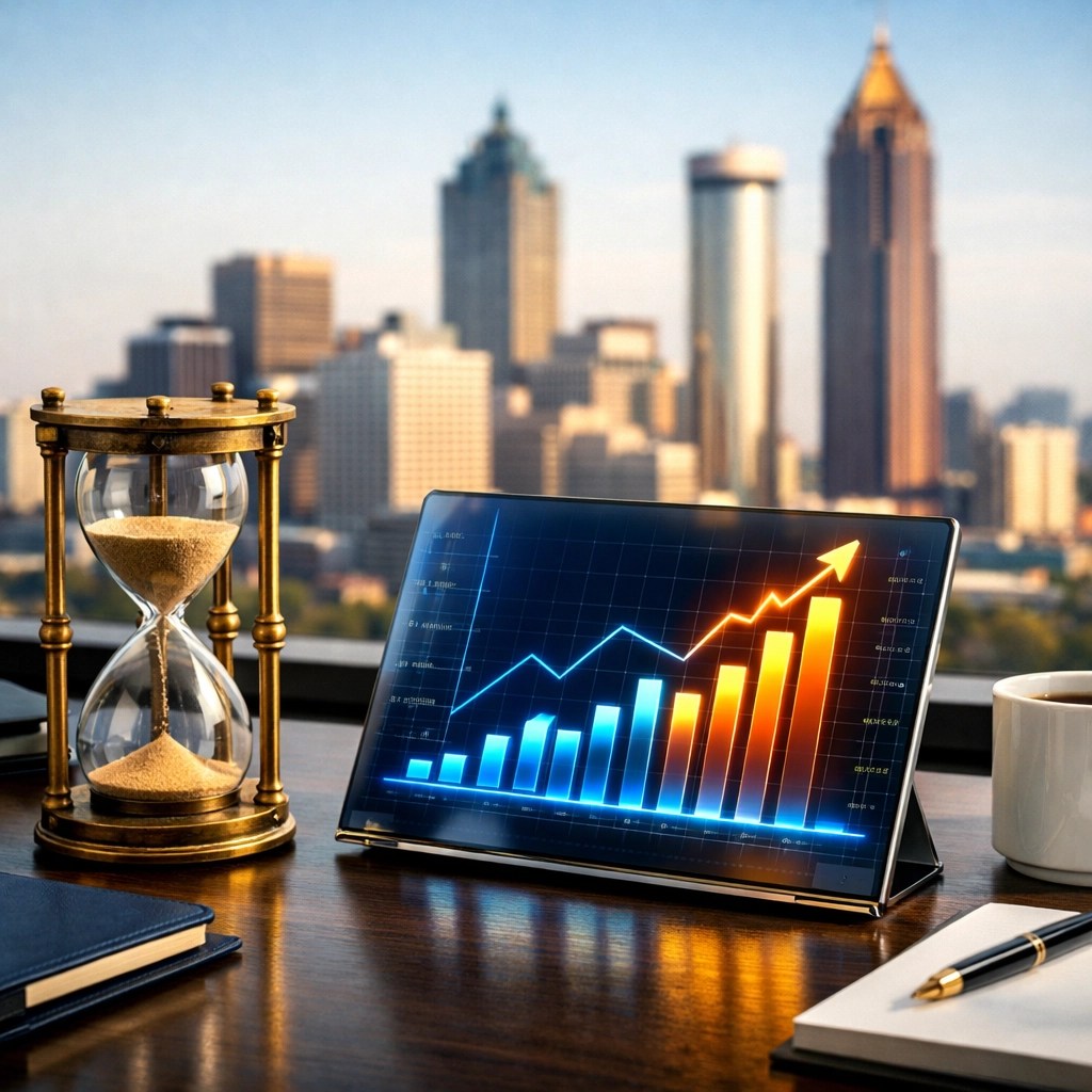 Modern desk with business growth charts and an hourglass, symbolizing an Atlanta small business insurance review.