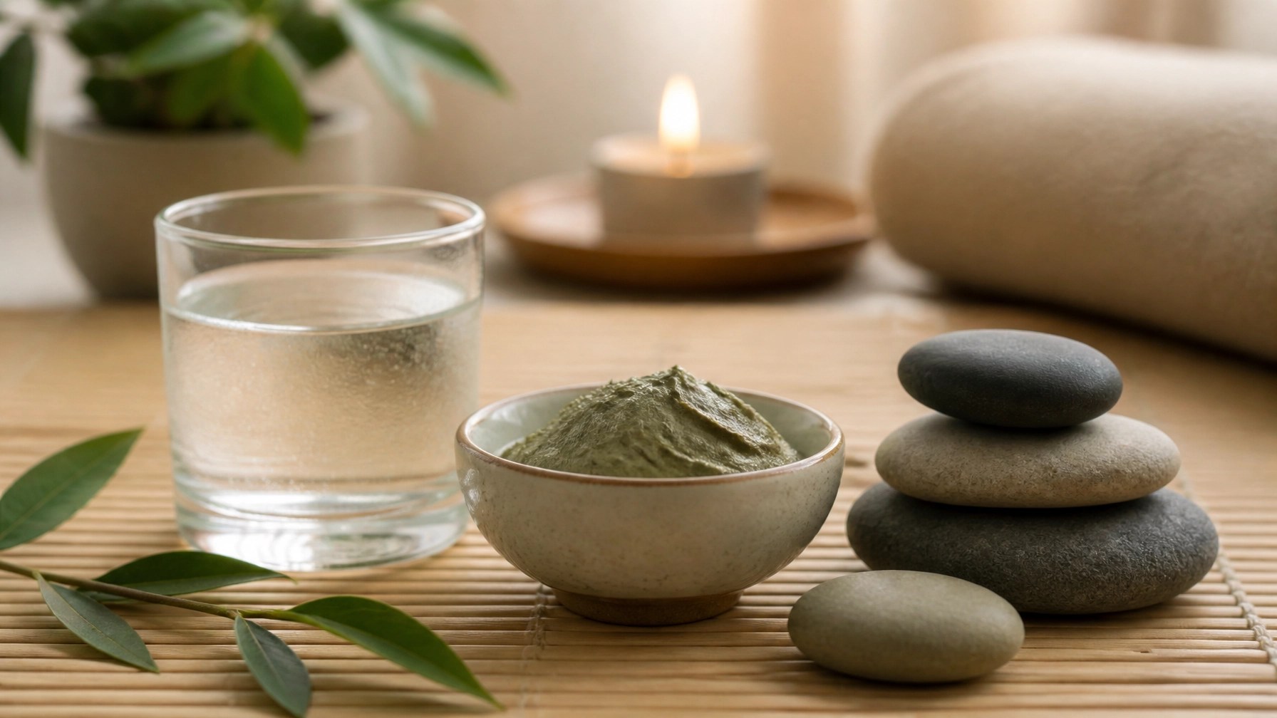 A serene spa-like setting with a glass of water, a small bowl of green clay, and smooth river stones.
