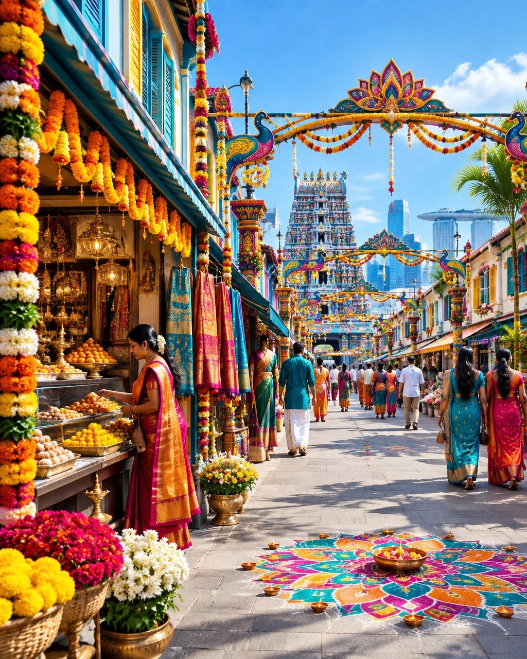Daytime Little India in Singapore decorated for Deepavali with rangoli and festive arches