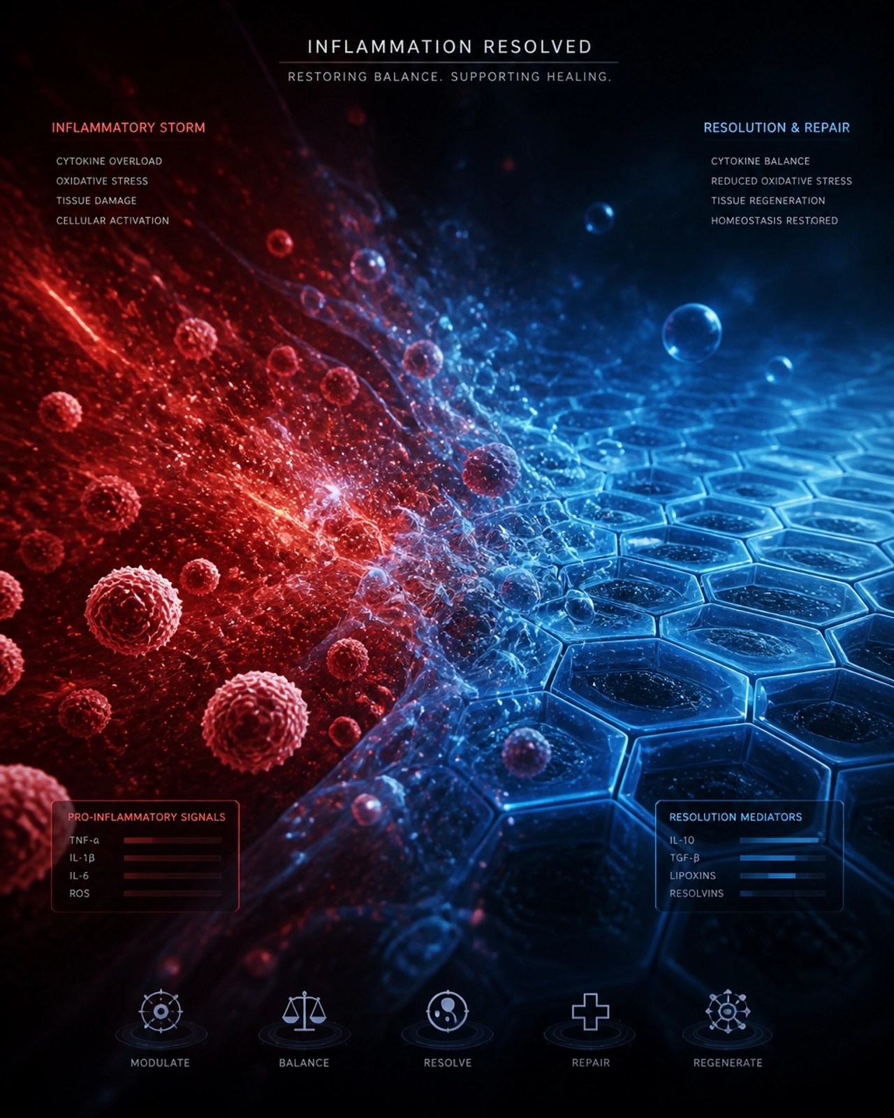 Abstract visualization of biological inflammation being calmed by blue structures