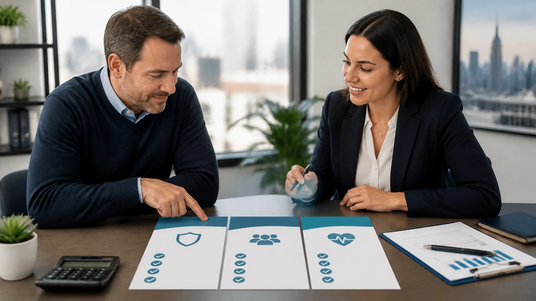 New York small business owner and insurance advisor comparing group health plan costs and employer contributions