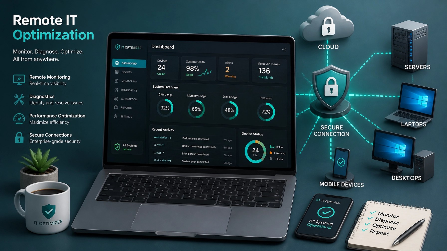 Remote IT optimization and diagnostic tools on a sleek laptop screen