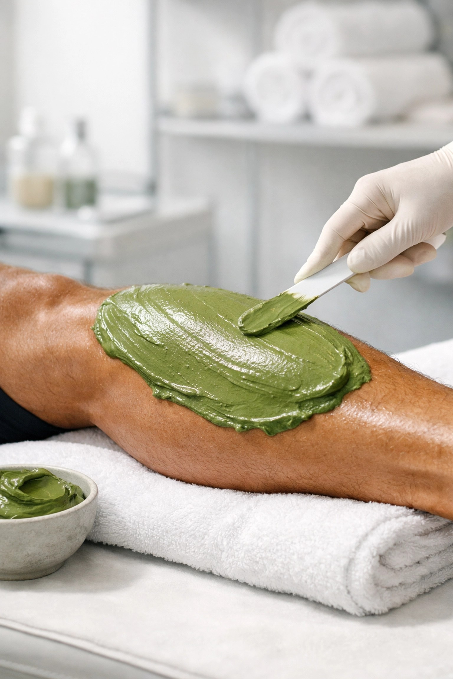 Applying thick French green clay to a soccer player's calf for muscle recovery and inflammation relief.