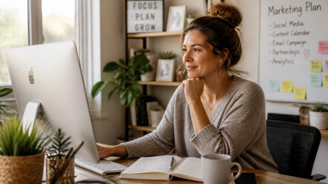 Entrepreneur working thoughtfully in a cozy home office on marketing tasks