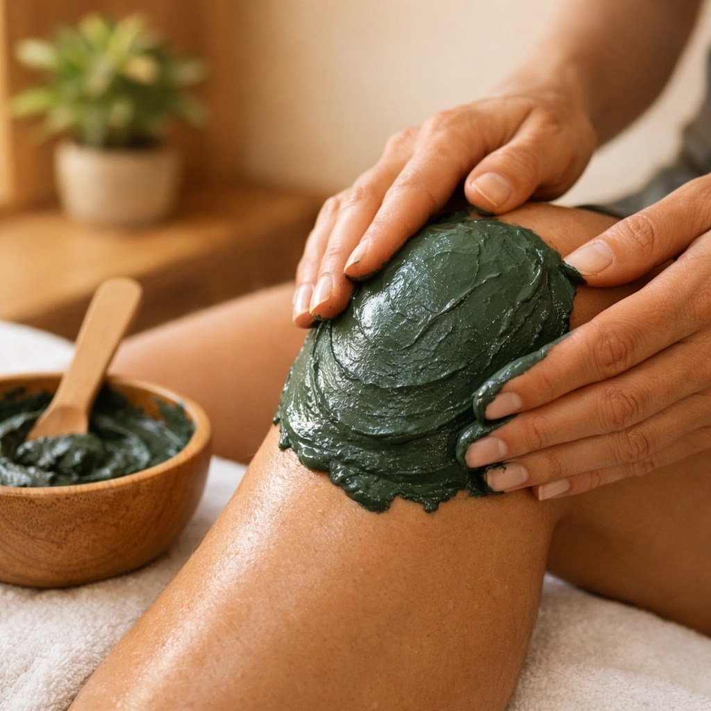 Applying a thick layer of medicinal clay paste to an athlete's knee for natural muscle recovery.