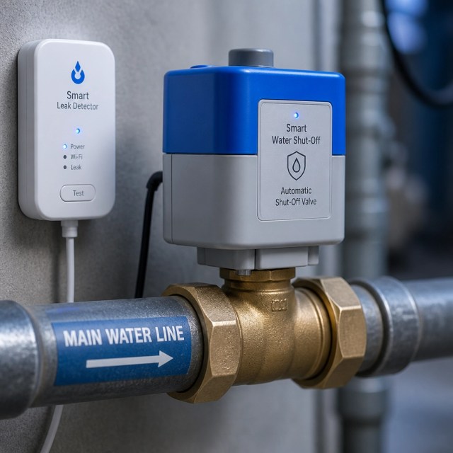 Close-up of a smart water leak detector and automatic shut-off valve on a main water line