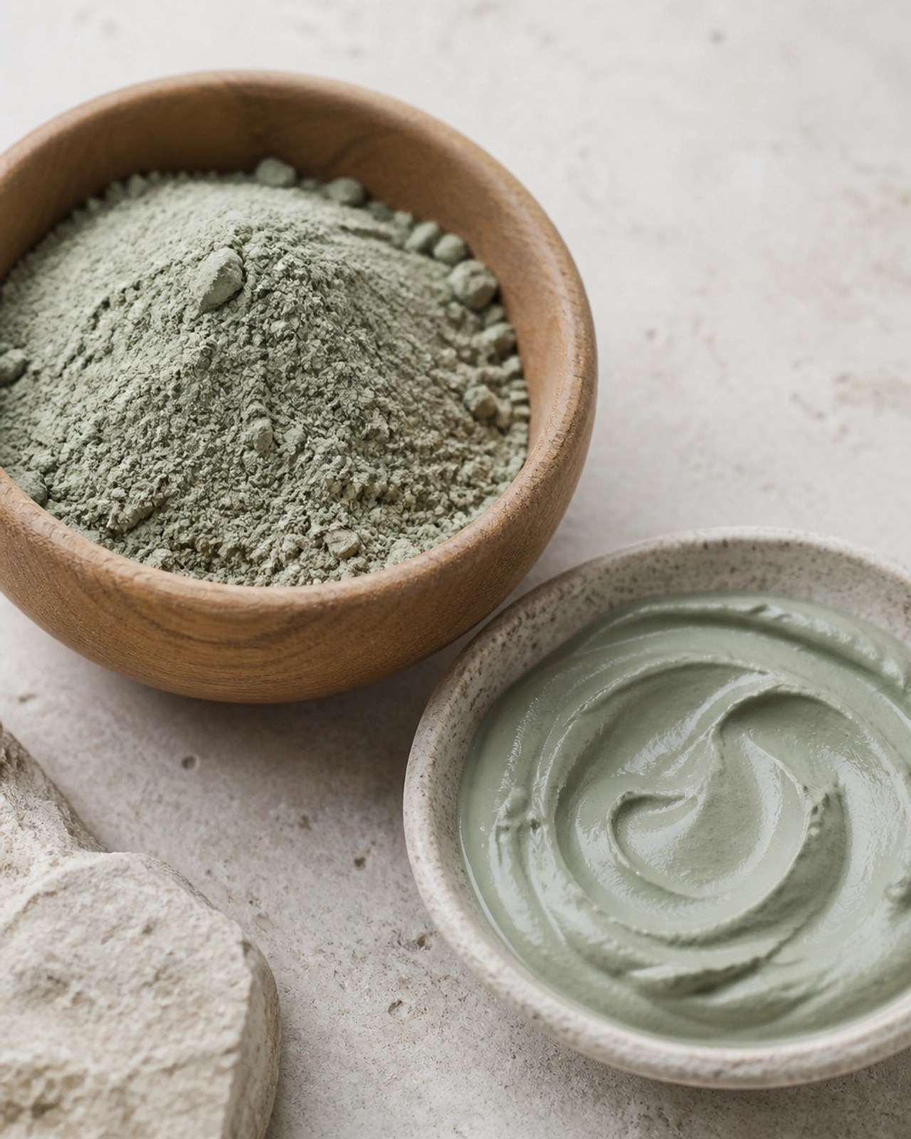 Close up of smooth French green clay powder and paste