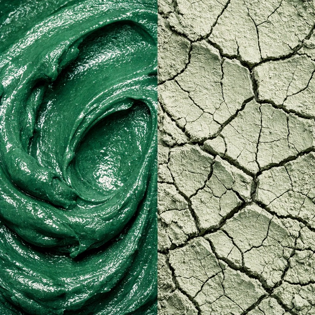 Comparison of moist French green clay versus dry cracked clay during a detox mask application.