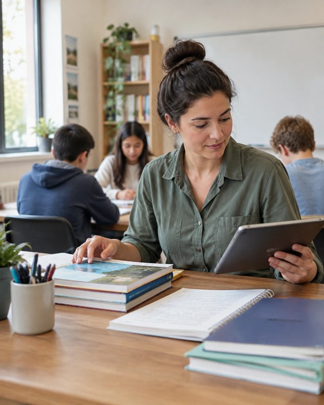 An instructor checks a class schedule on a tablet while preparing a learning space