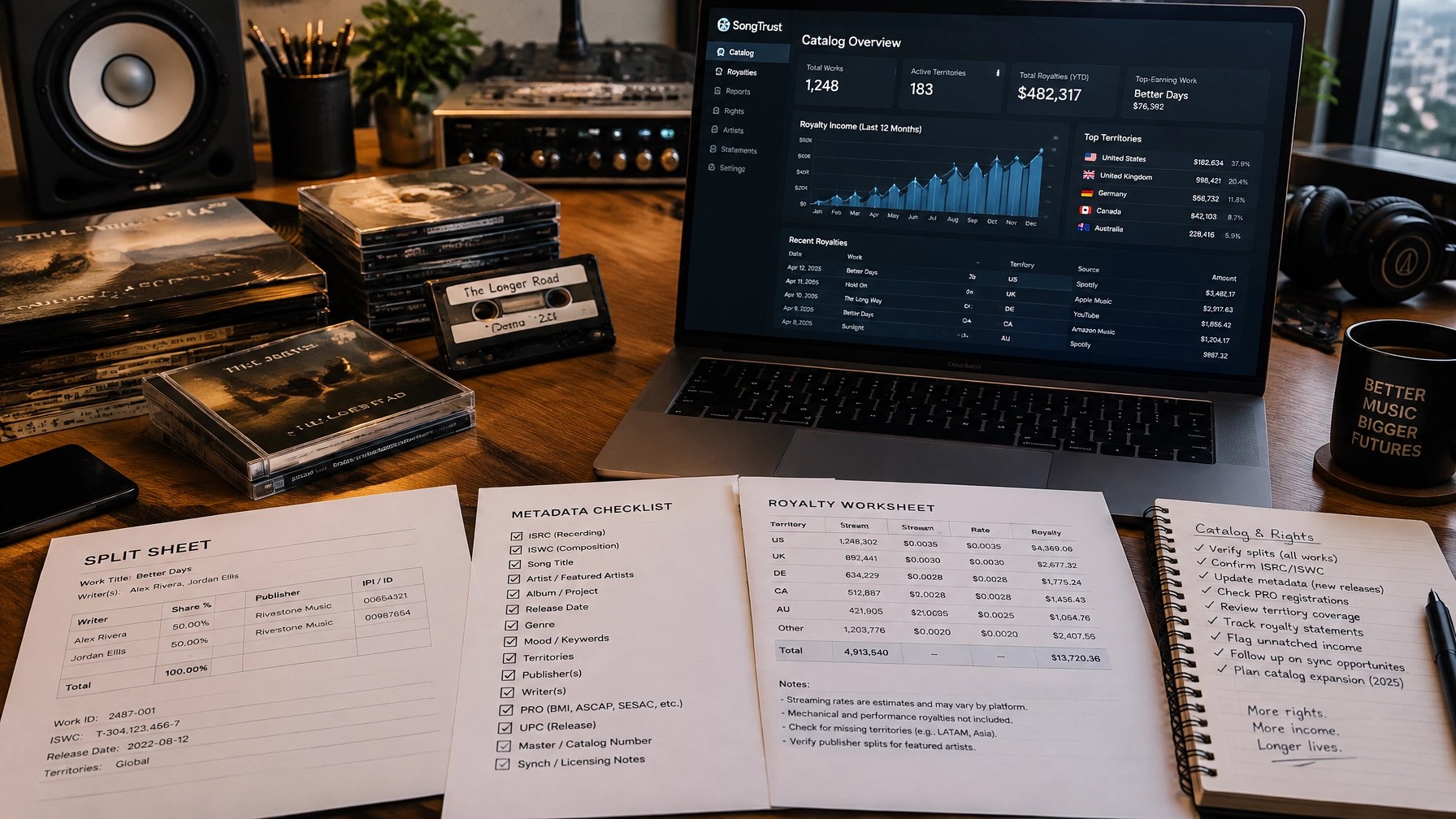 High-end editorial photograph of a music publishing and royalty analysis workspace with a split sheet, metadata checklist, royalty worksheet, laptop dashboard, and studio gear