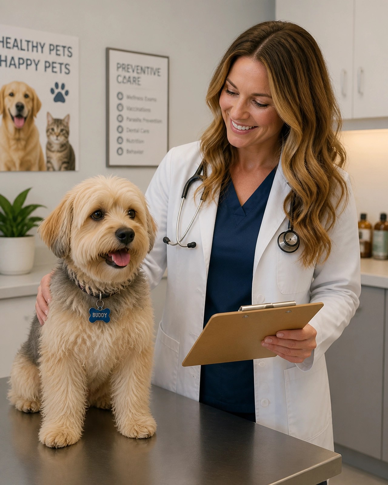 A professional female veterinarian smiling warmly while examining a small dog in a modern clinic.