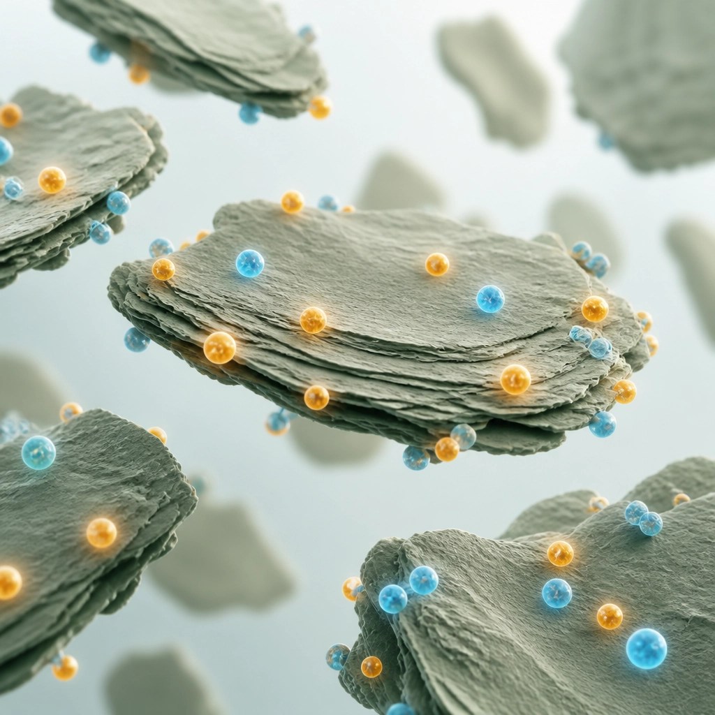 Microscopic illustration of clay particles with ions sticking to the surface