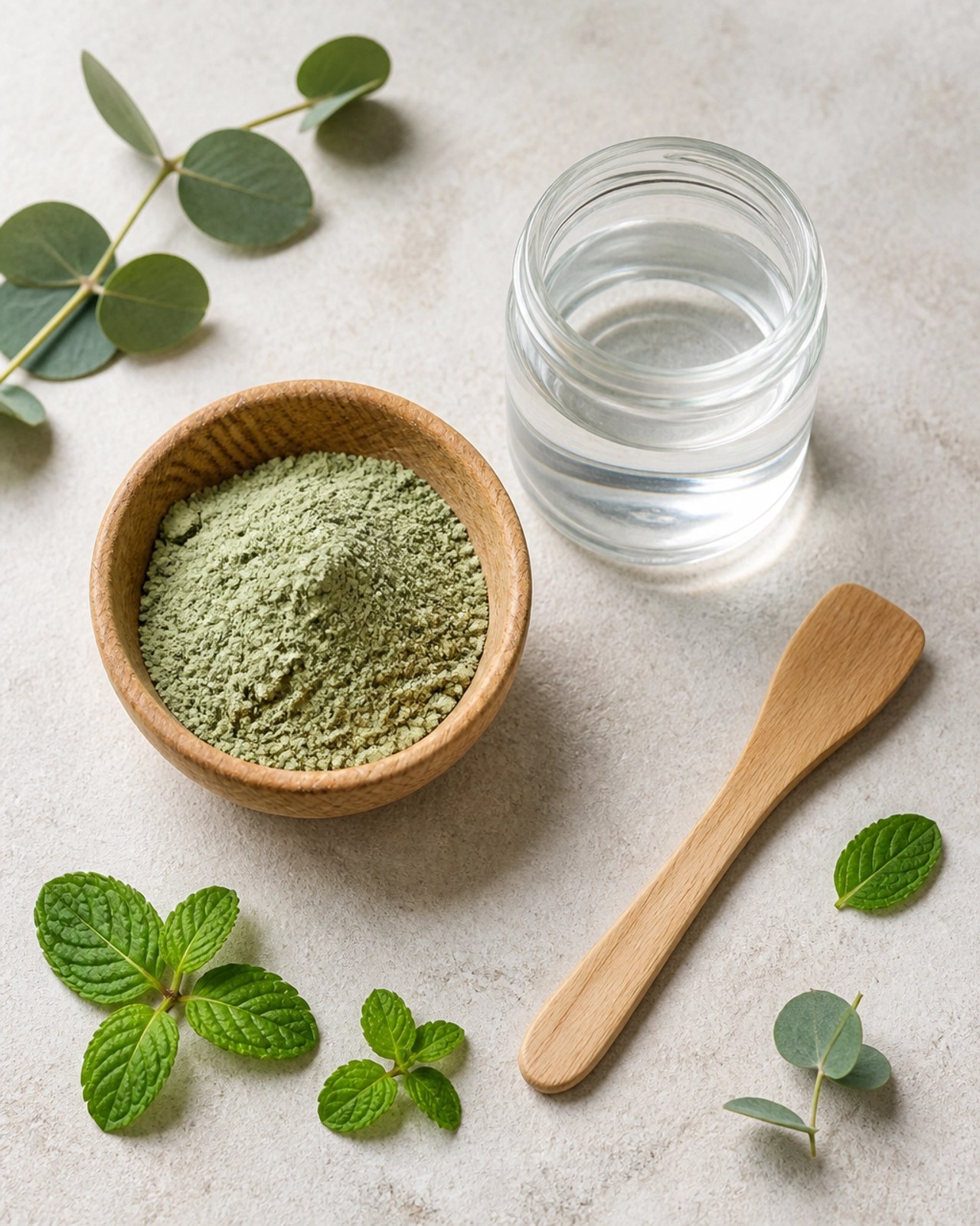 Wellness flat lay with green clay powder and natural tools
