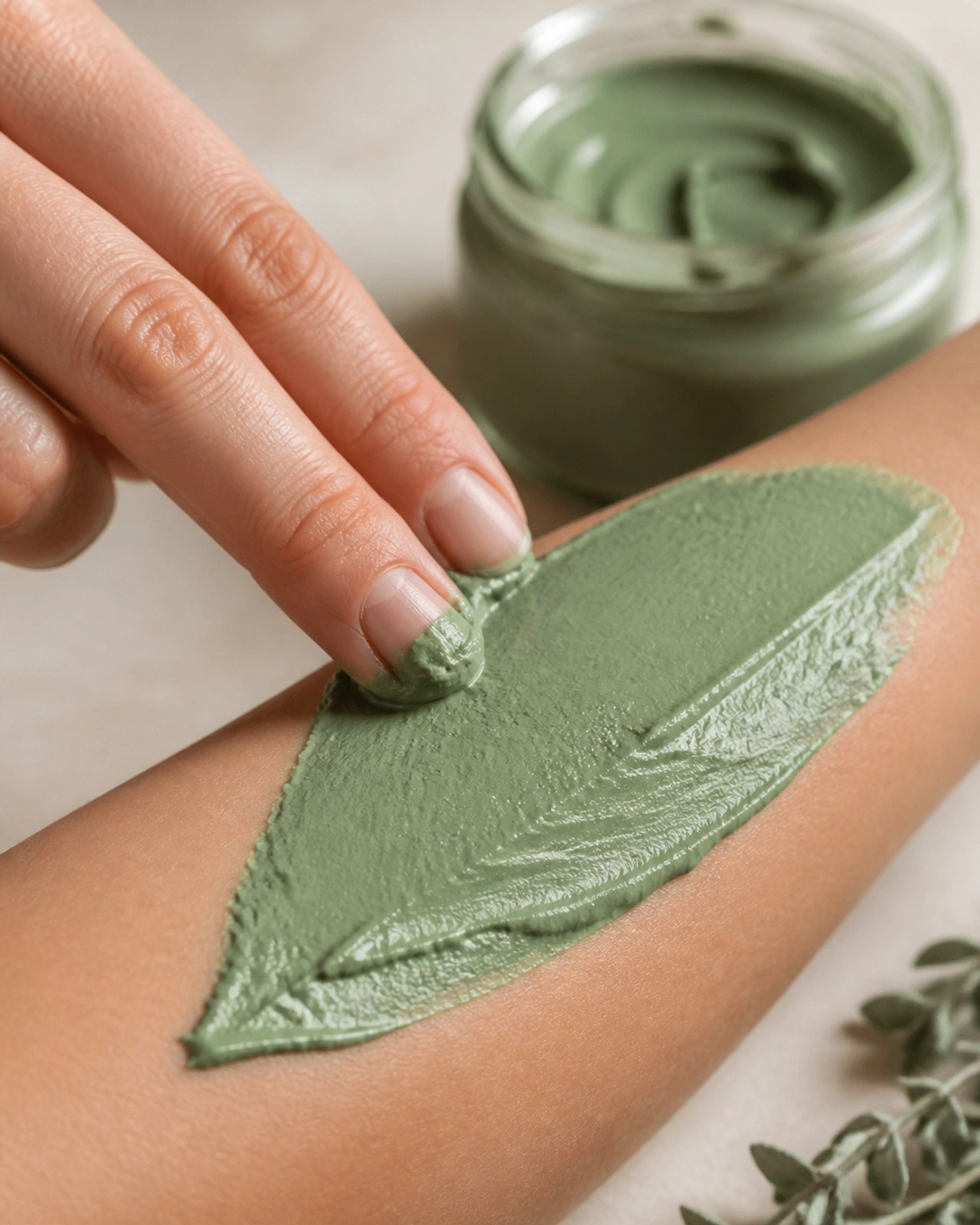 Close-up of smooth green clay being applied to the skin