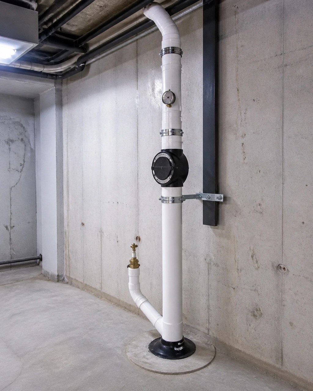 Completed sub-slab depressurization system with riser, fan, pressure gauge, and verification port