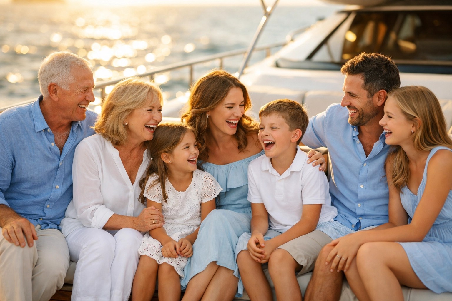 Multi-generational family enjoying luxury yacht cruise planned by expert travel agent