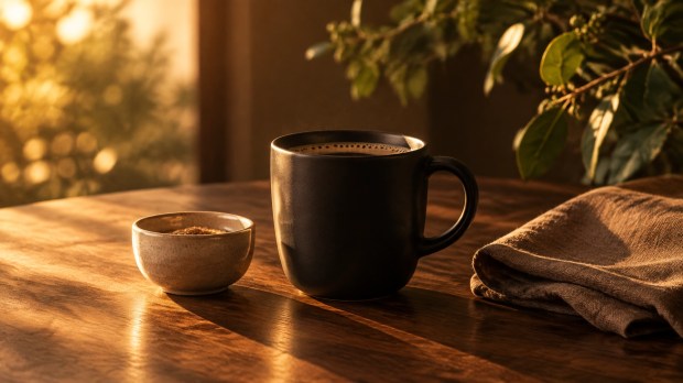 Golden-hour still life with coffee from a best coffee subscription, folded brown linen, and muted green foliage
