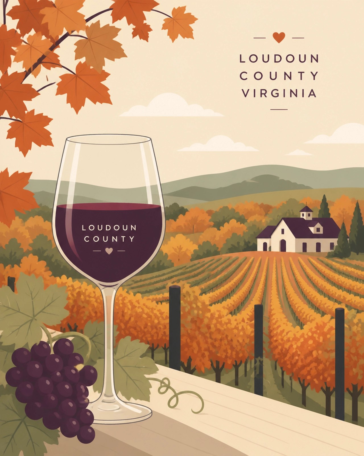 A wine glass overlooking a vibrant autumn vineyard in Loudoun County