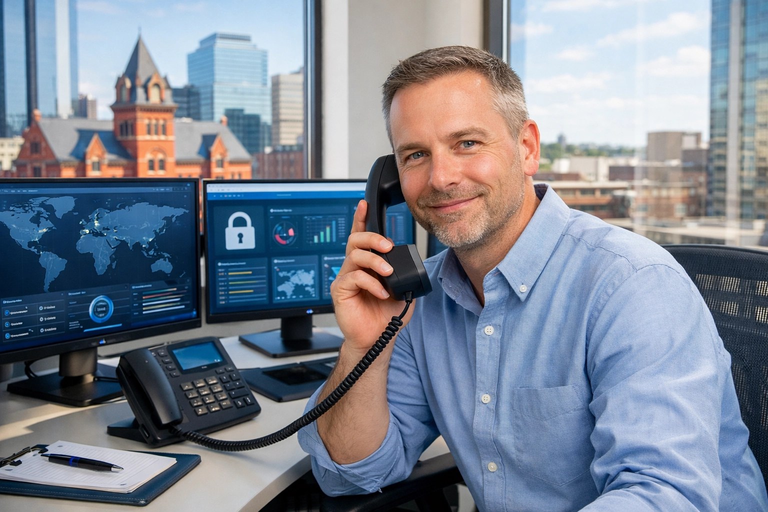 A local Lexington IT support expert monitoring business cybersecurity dashboards for client protection.