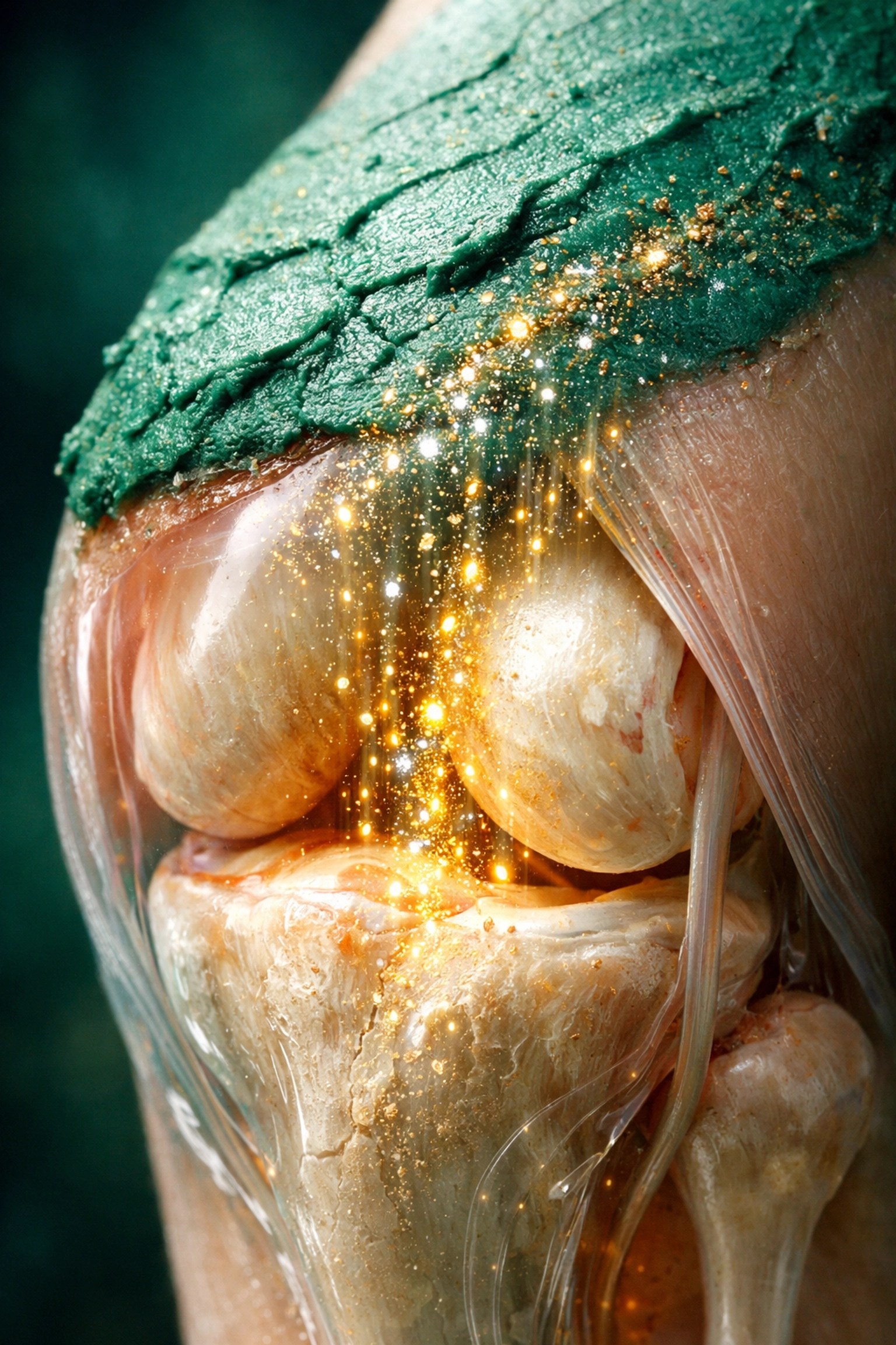 Green clay applied to a knee joint with minerals absorbing into the skin to reduce inflammation.