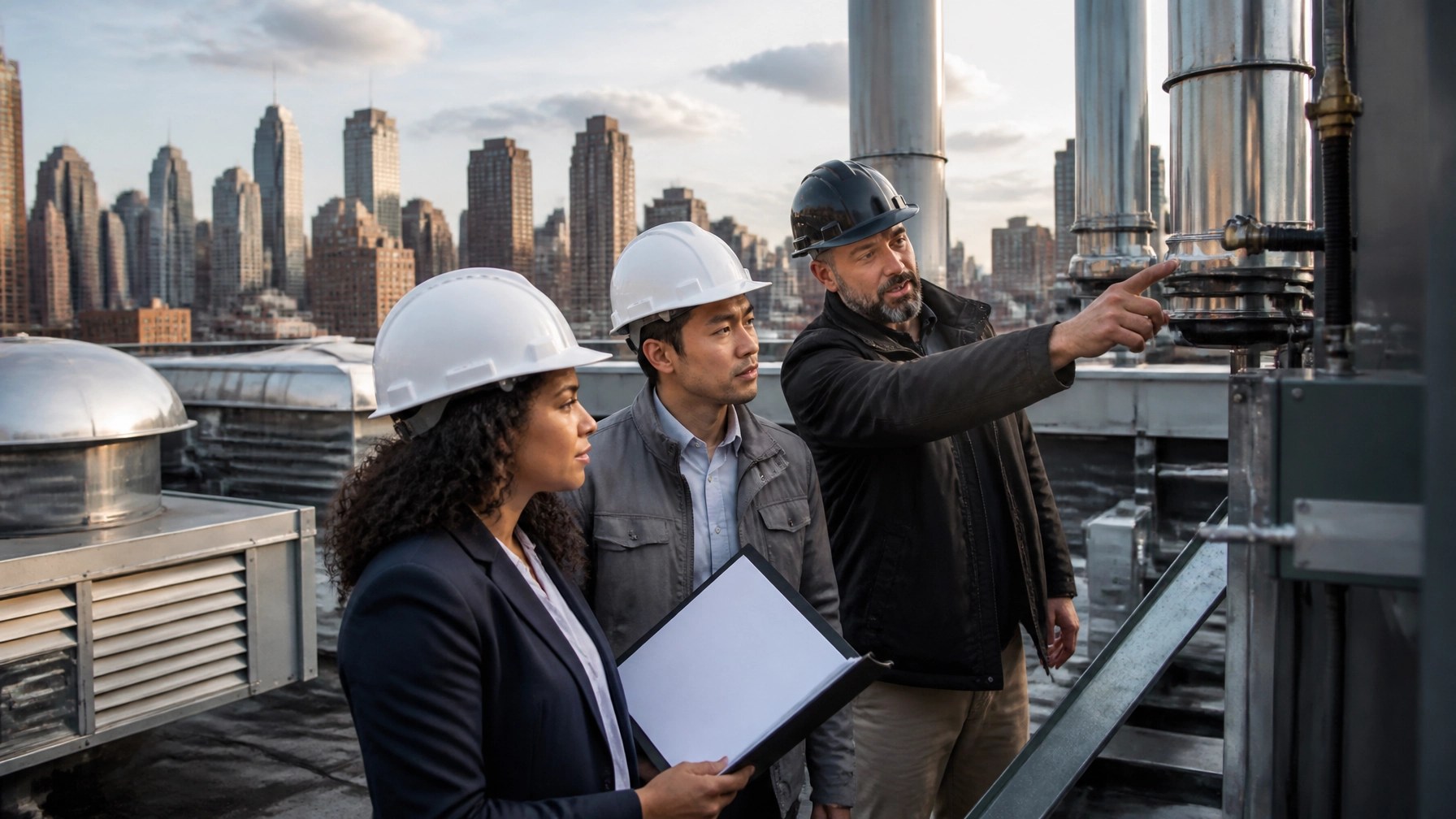 NYC construction team completing rooftop mechanical commissioning and E-designation closeout review