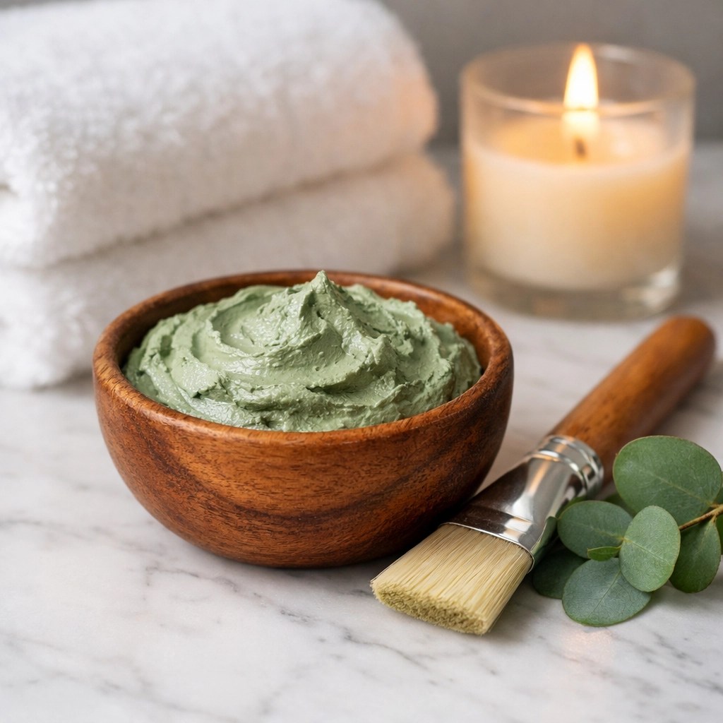 French green clay mask in a bowl with an applicator brush for a relaxing home self-care routine.