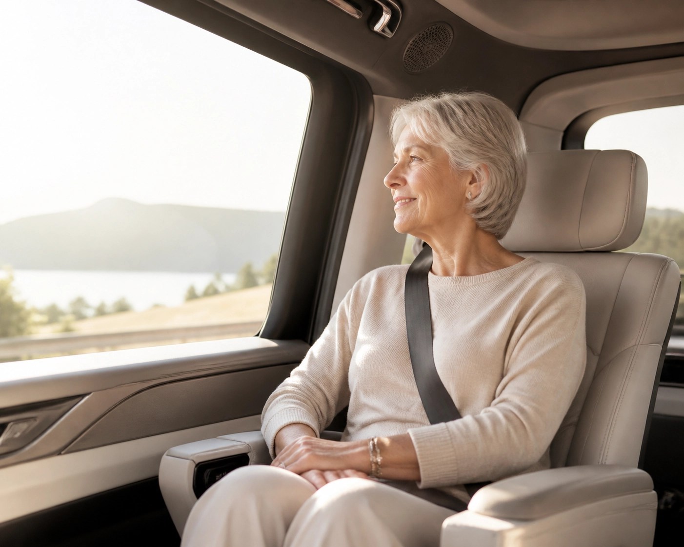 A senior patient resting comfortably in a reliable medical transport vehicle for an appointment.