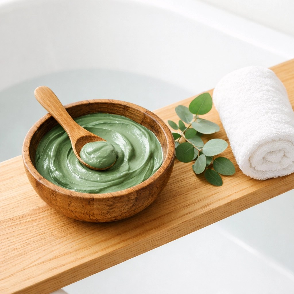 A smooth green clay slurry in a wooden bowl prepared for a natural detoxifying bath soak.