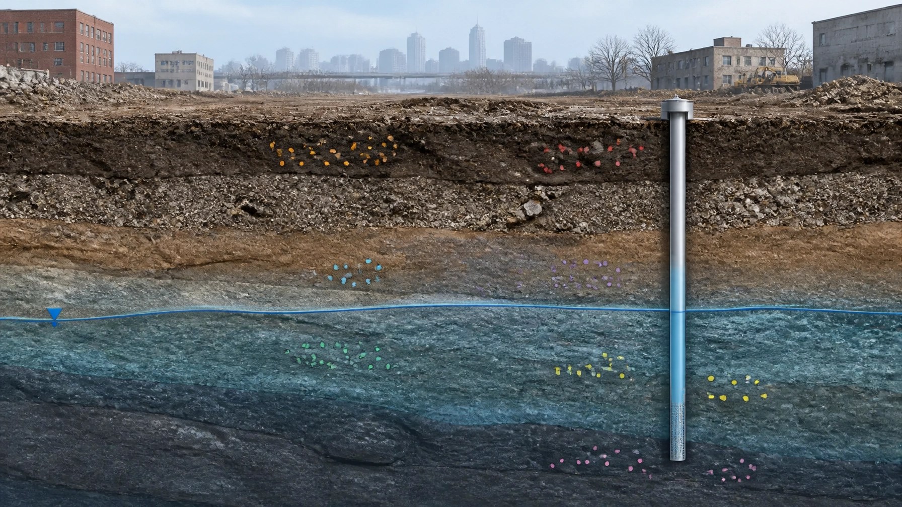 Technical cross-section showing soil strata, groundwater, monitoring well, and sampling zones