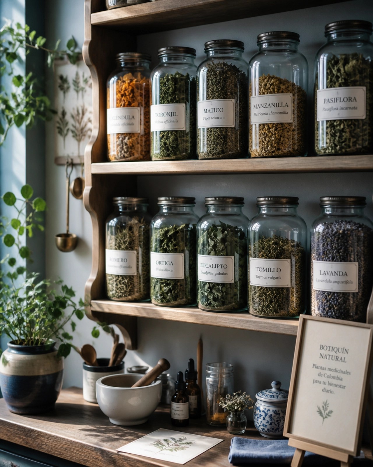Estantería con frascos de vidrio que contienen plantas medicinales colombianas secas