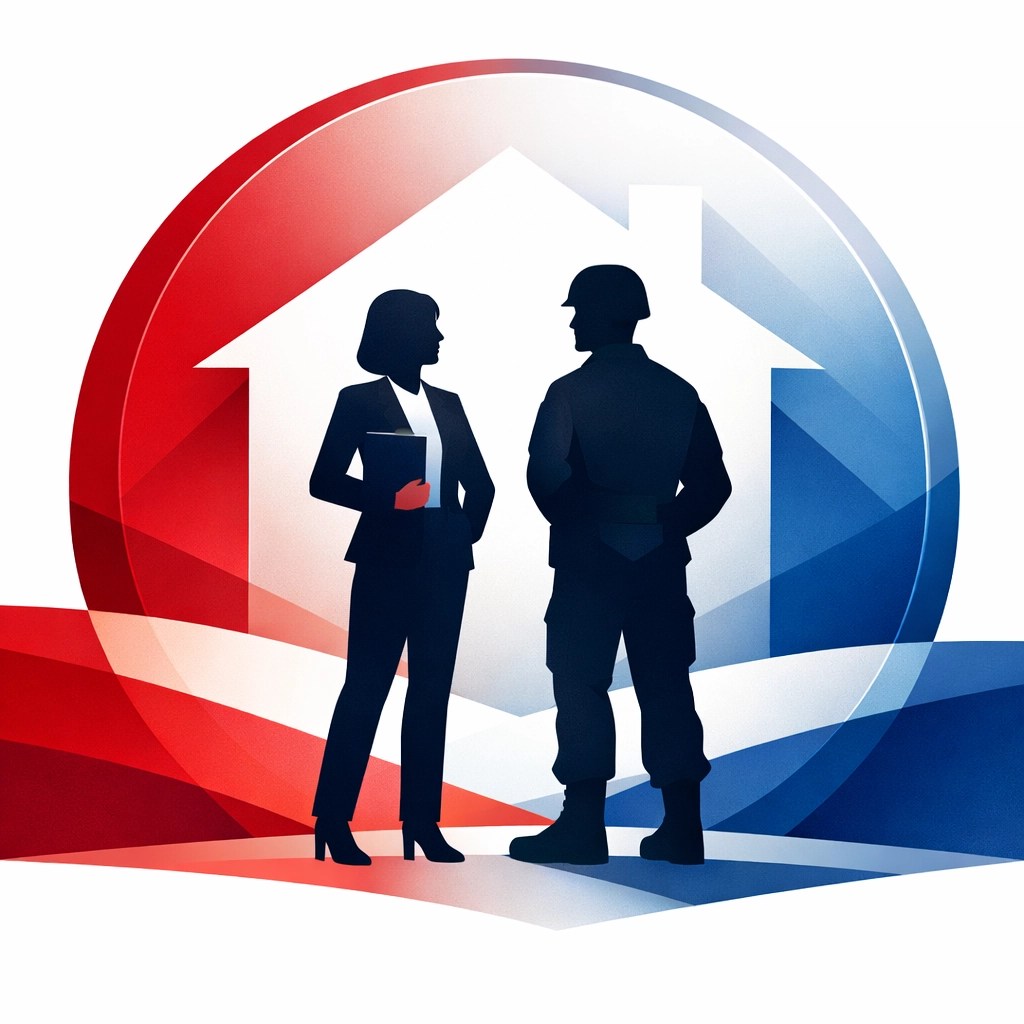 Silhouetted real estate professional and soldier supporting military homeownership and veteran service.