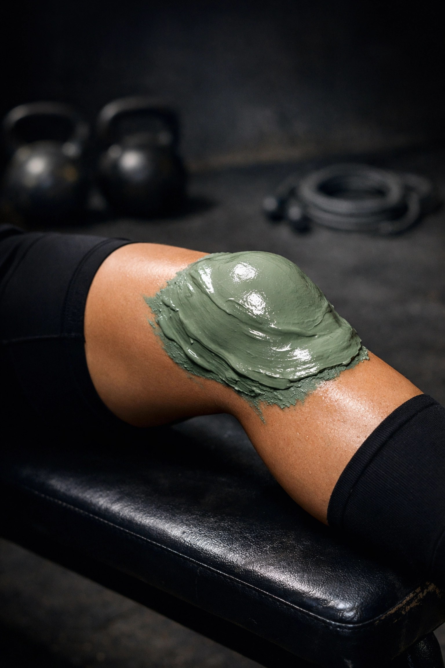 Natural green clay applied to an athlete's sore leg for post-workout muscle recovery and healing.