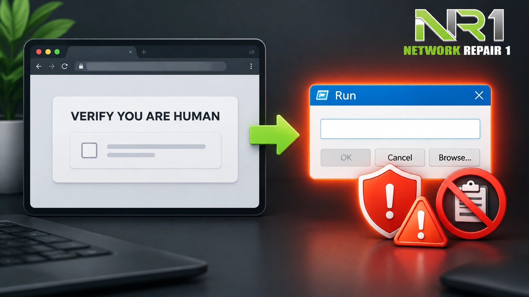 A fake “Verify you are human” page leading toward a warning-lit Run dialog