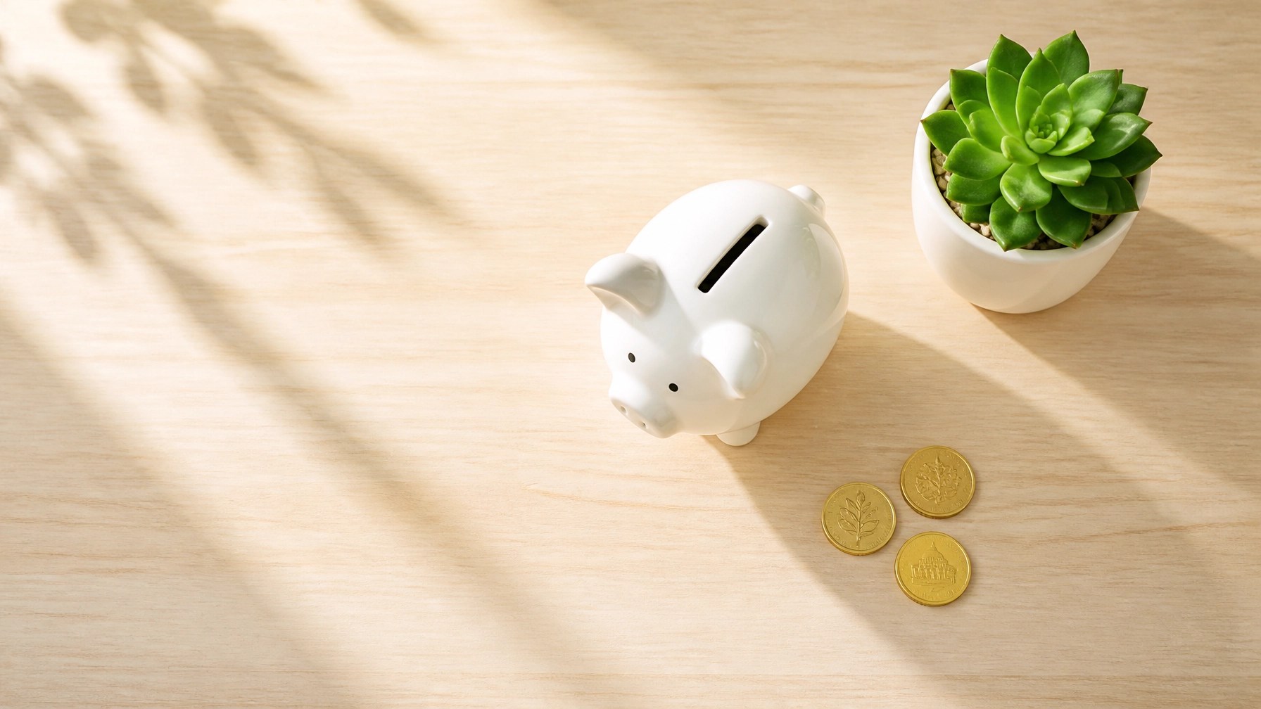 A minimalist overhead shot of a clean, light wood table. On the table sits a sleek white piggy bank, a few gold coins, and a small, vibrant green succulent in a white ceramic pot. Abundant natural light from the side creates soft, delicate shadows.