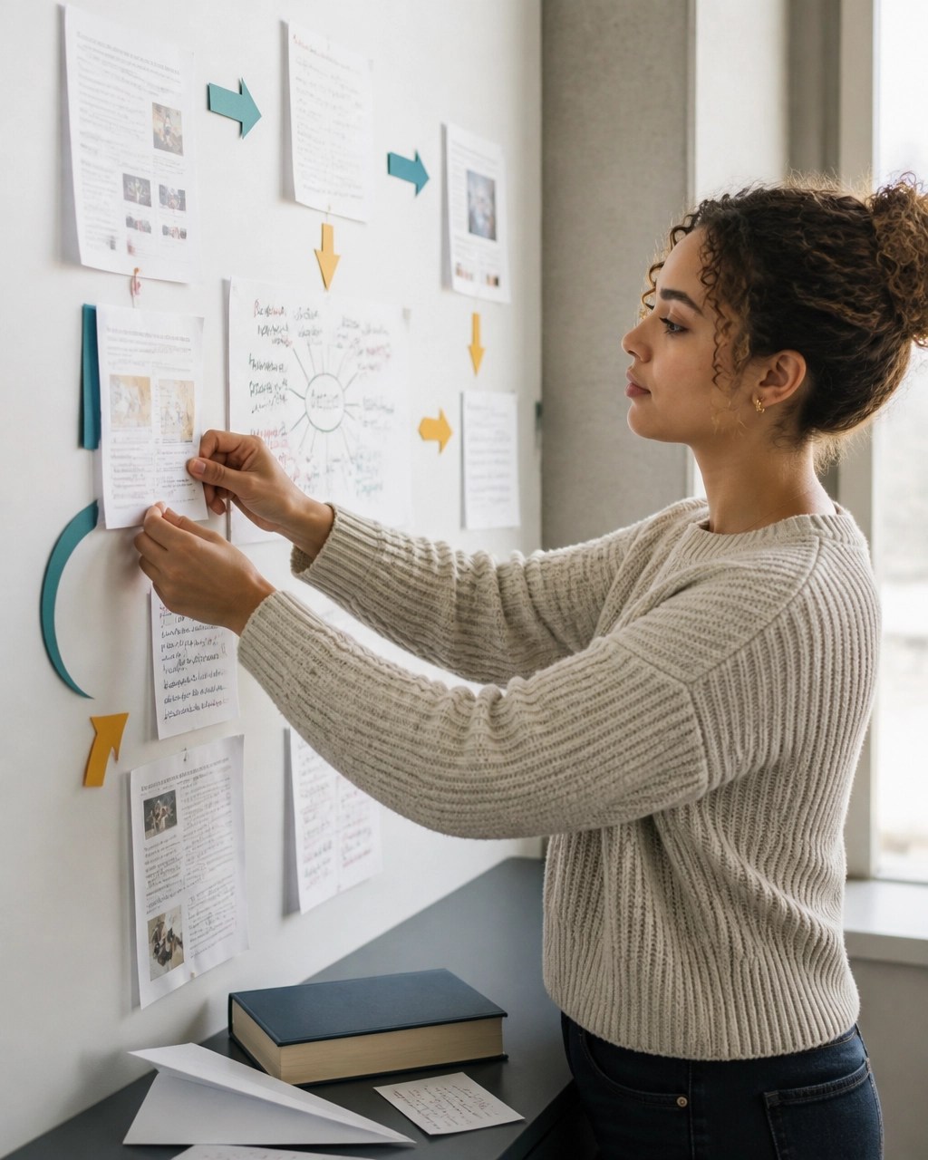College student creating a skills map with printed project pages and paper arrows on a classroom wall