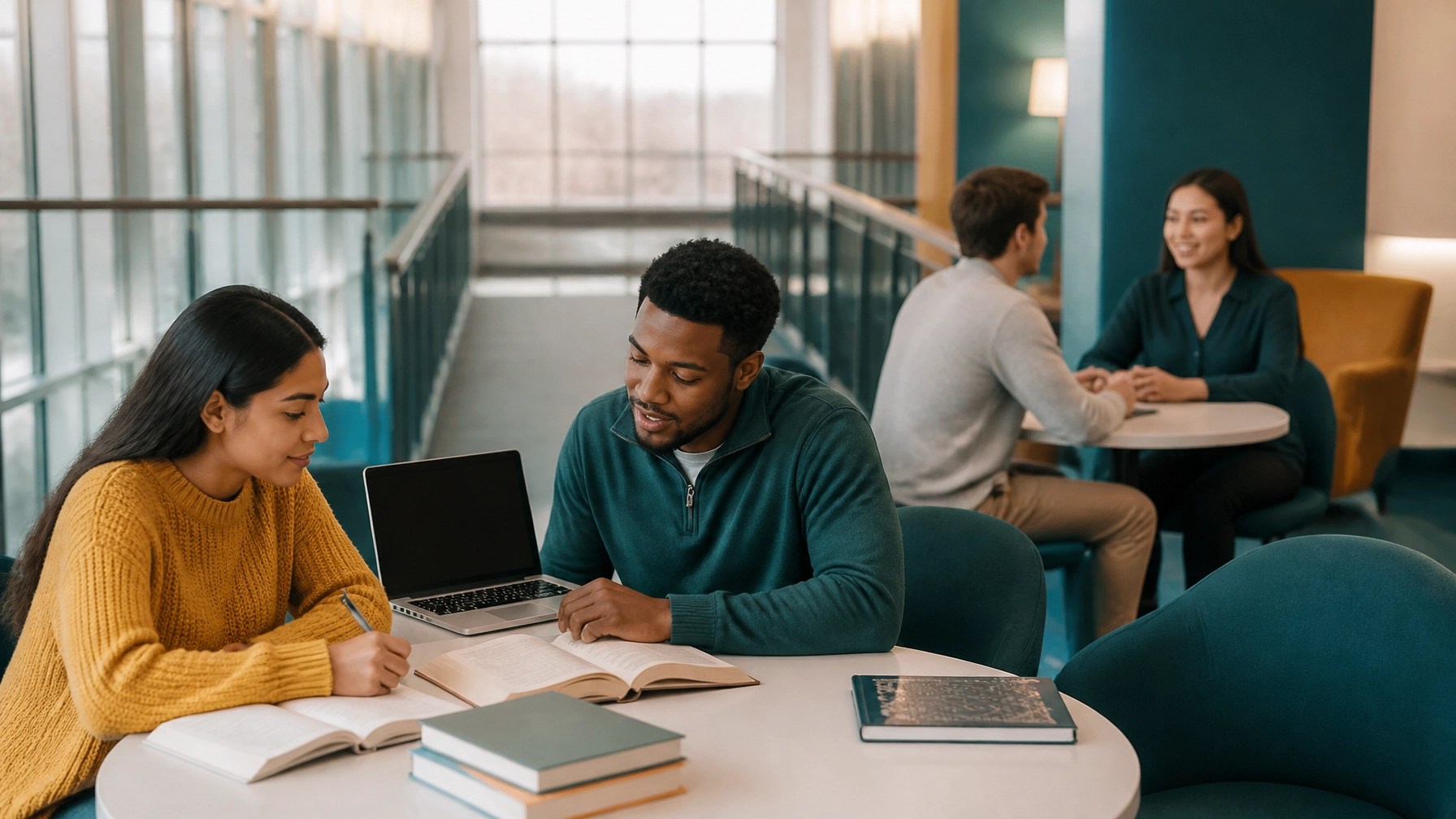 Diverse college students receiving help in a campus tutoring and career center with books and blank computer screens