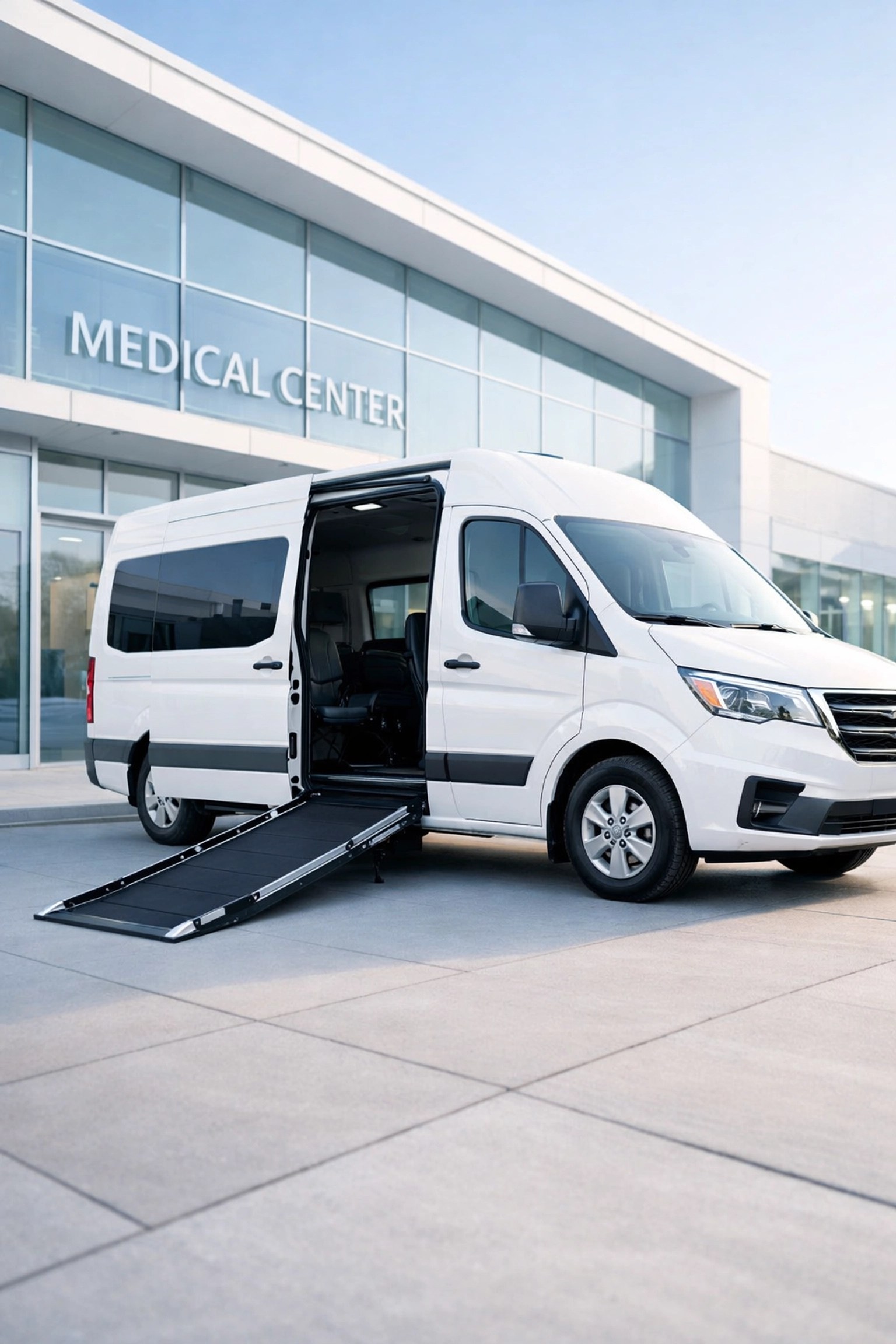 A white wheelchair-accessible NEMT van with a deployed ramp in front of a modern medical center.