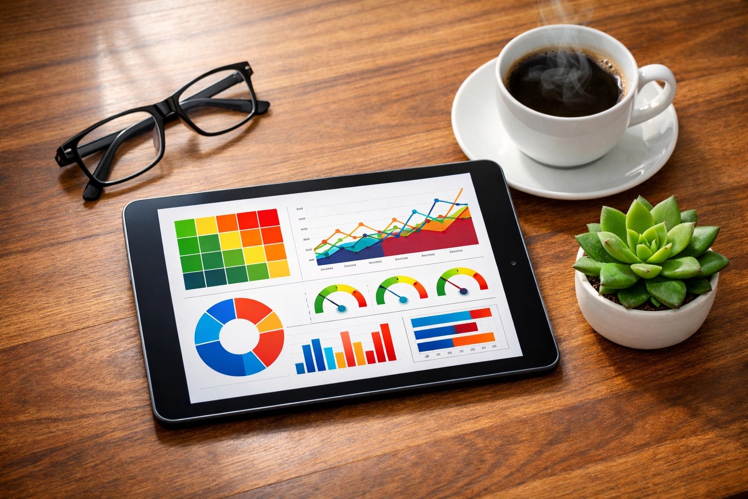 Strategic business insurance review on a tablet at a modern office desk in Milton.
