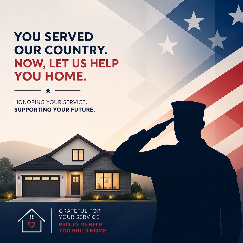 Patriotic graphic of a salute and a home