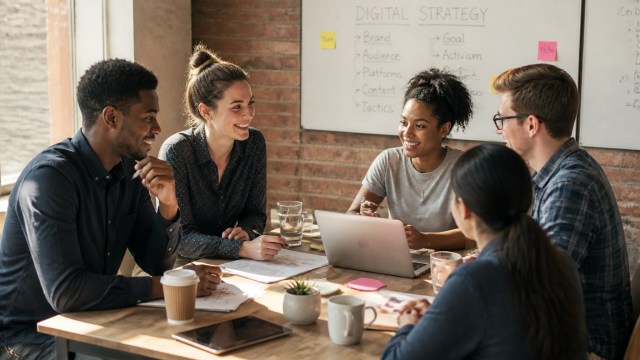 Small business team collaborating around a wooden table in a sunlit room