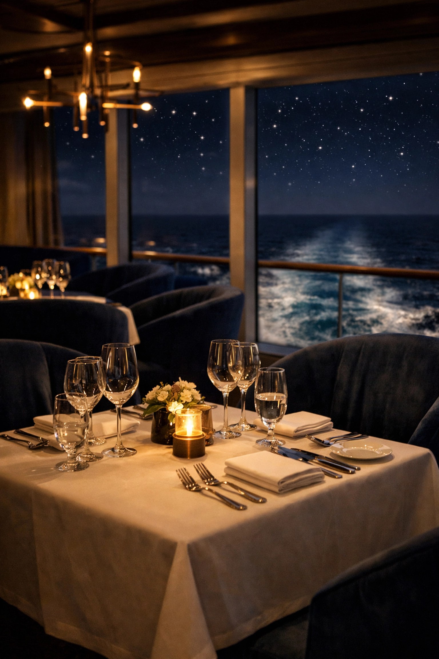 Elegant cruise ship specialty restaurant table set for fine dining with ocean view at night